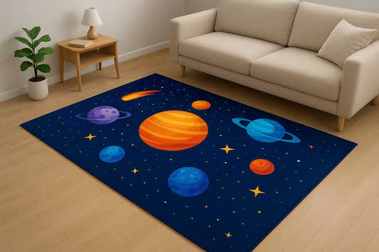 Bring the Universe Home: 3D Visual Cartoon Cosmic Planet Carpet for Modern Living Rooms