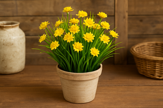 Fake Flowers Grass with Plastic Artificial Potted Flowers (Yellow): Rustic Farmhouse Charm with Lasting Beauty and Zero Maintenance