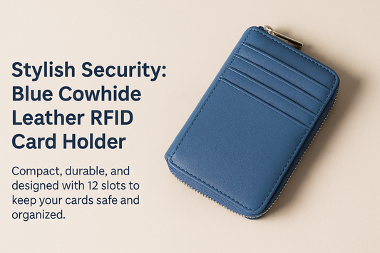 Stylish Security: Blue Cowhide Leather RFID Card Holder" Compact, durable, and designed with 12 slots to keep your cards safe and organized.