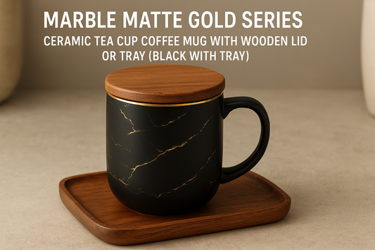 Marble Matte Gold Series Ceramic Mug with Wooden Lid & Tray – Where Elegance Meets Everyday Comfort