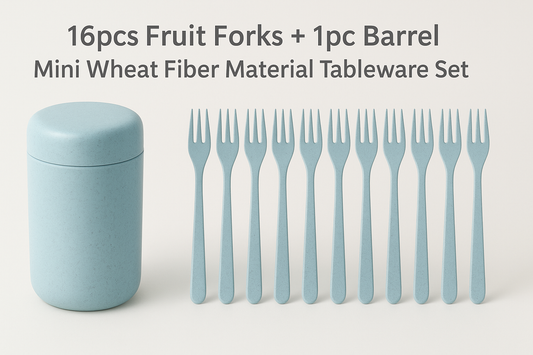 16pcs Fruit Forks + 1pc Barrel Mini Wheat Fiber Tableware Set (Blue): A Stylish, Eco-Friendly Solution for Snacks, Fruits, and Desserts