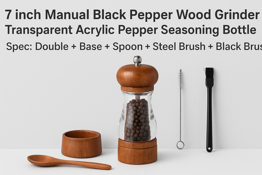 7 Inch Manual Black Pepper Wood Grinder – Transparent Acrylic Seasoning Bottle with Double Grinder, Base, Spoon & Cleaning Brushes