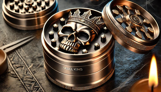 Skull King Gothic Zinc Alloy Herb and Tobacco Grinder Style-Double Layers with a Durable Bronze Finish and Intricate Engraved Design.
