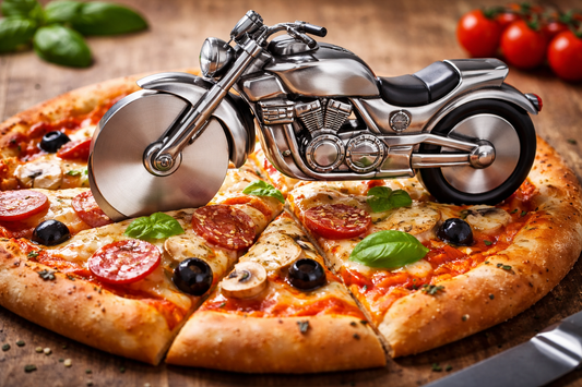 The stainless steel motorcycle-shaped pizza cutter roller tool will enhance your dinner party experience for all pizza lovers.