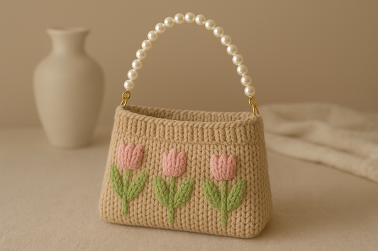 Stitching Charm: Create Your Own Tulip Hand-Knitted Bag with a Pearl Strap