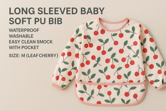 Long Sleeved Baby Soft PU Waterproof Bib with Pocket (Leaf Cherry, Size M): Mess-Free, Stylish, and Easy-to-Clean Smock for Feeding & Playtime
