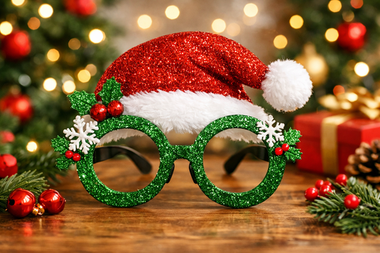 Sparkling Christmas Masquerade Dress-Up Glasses with Festive Christmas Hat Design for Holiday Parties and Fun Celebrations