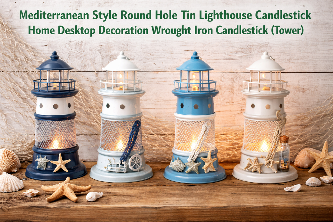 Mediterranean Style Round Hole Tin Lighthouse Candlestick: A Coastal-Inspired Wrought Iron Décor Accent for Warm Interiors