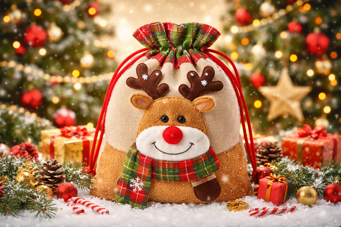 Christmas Drawstring Gift Bag with Cute Elk Design – Excellent for Festive Decorations, Sweet Gifts, Small Gifts, Party Favors, and Cheerful Christmas Packaging