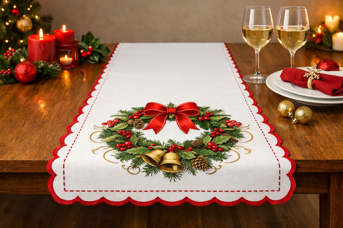 33x224cm Christmas Towel Embroidery Table Flag – The celebration of Christmas tree rings for daily, sideboards, and party decorations