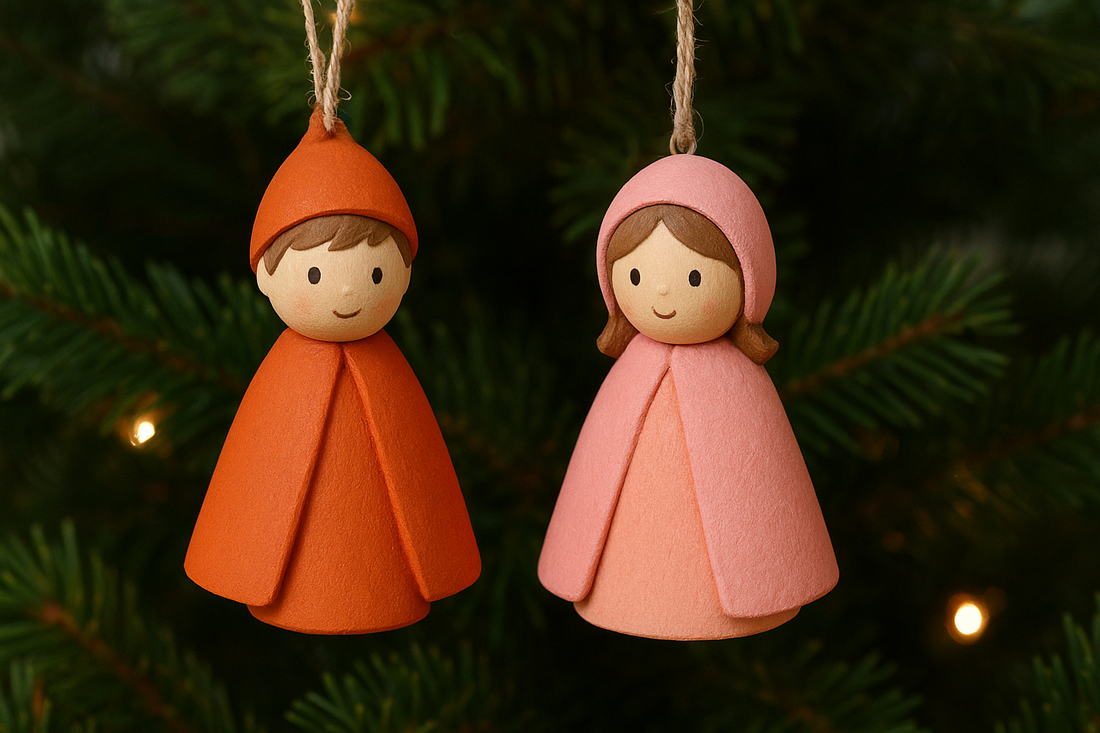 Charming Wooden Boy & Girl Cloak Dolls: A Heartwarming Christmas Tree Pendant in Orange & Pink
