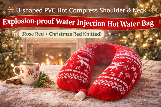 Embrace Winter Comfort: U-Shaped PVC Hot Compress Shoulder & Neck Hot Water Bag (Rose Red + Christmas Red Knitted)