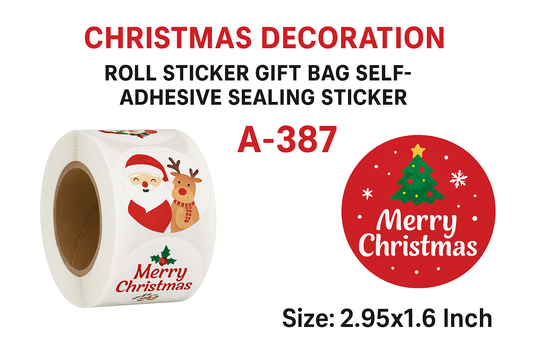 A-387 Christmas Roll Stickers: Perfect Self-Adhesive Seals for Gift Bags & Holiday Packaging