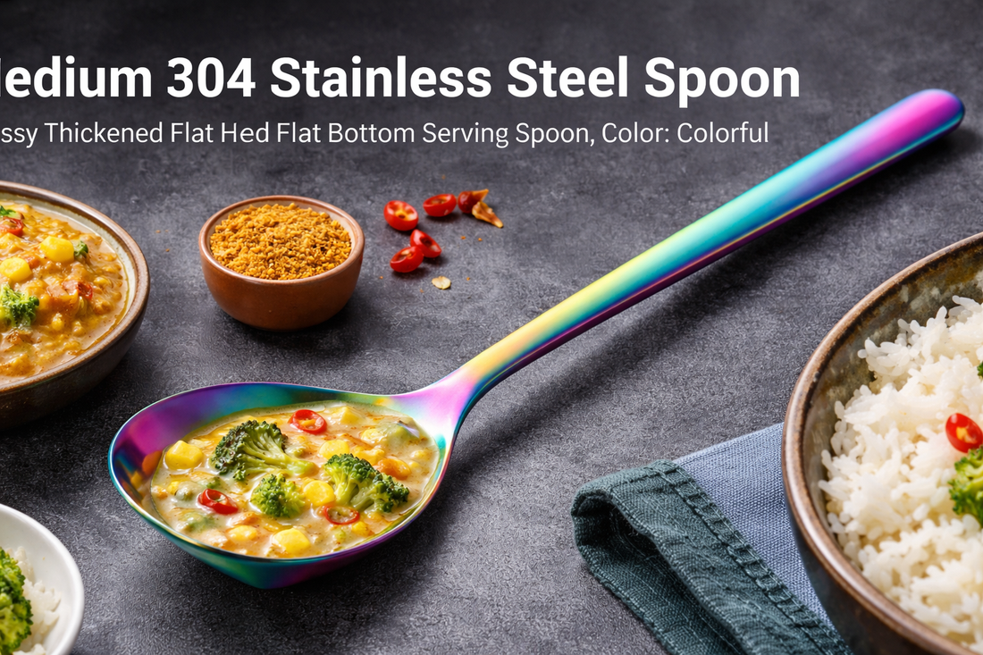 Upgrade Your Kitchen with the Medium 304 Stainless Steel Colorful Flat Bottom Serving Spoon