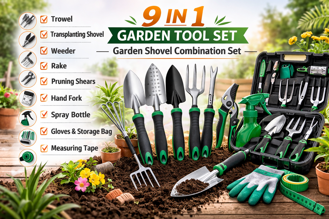 The Ultimate Professional 9 In 1 Garden Tool Set with ergonomic shovels and durable gardening tools provides complete control for users to create their ideal outdoor space.