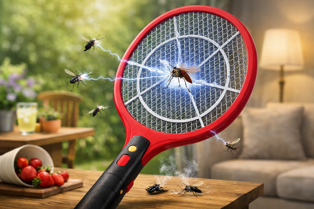 Hand Racket Mosquito Swatter Electric Fly Zapper Red Color Powerful Insect Killer For Home Garden Pest Control Safe Efficient Rechargeable Easy Daily Protection