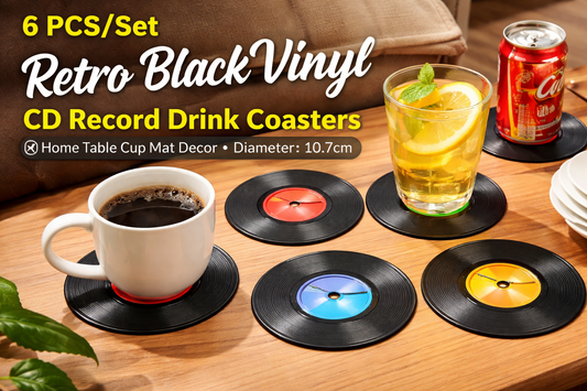 Bring Back the Vinyl Era: 6 PCS Retro Black CD Record Drink Coasters for Stylish Homes