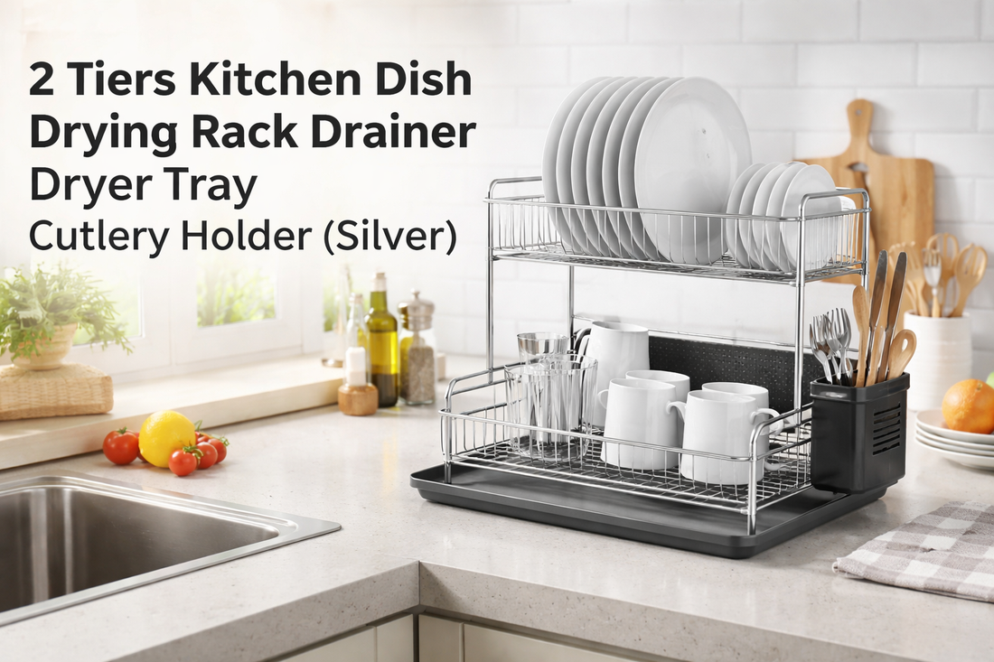 Upgrade Your Kitchen Organization with the 2 Tiers Kitchen Dish Drying Rack Drainer Dryer Tray Cutlery Holder (Silver)