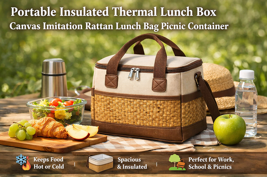 Portable Insulated Thermal Lunch Box Canvas Imitation Rattan Lunch Bag for Work, School, and Picnics