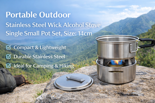 Stay Cook-Ready Anywhere: Portable Outdoor Stainless Steel Wick Alcohol Stove with 14cm Small Pot for Camping, Hiking, and Travel