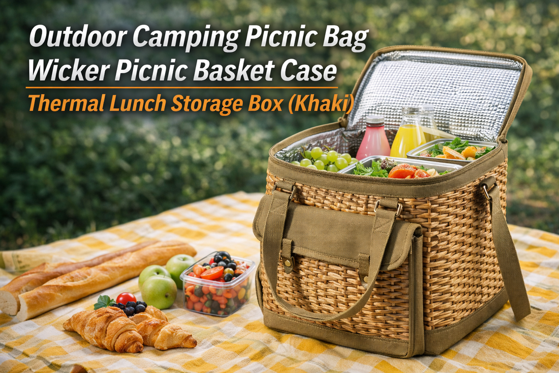 Outdoor Camping Picnic Bag Wicker Picnic Basket Case Thermal Lunch Storage Box (Khaki)