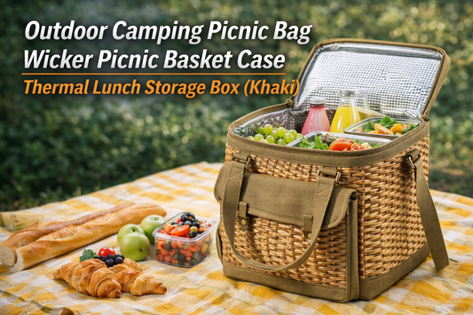 Outdoor Camping Picnic Bag Wicker Picnic Basket Case Thermal Lunch Storage Box (Khaki)