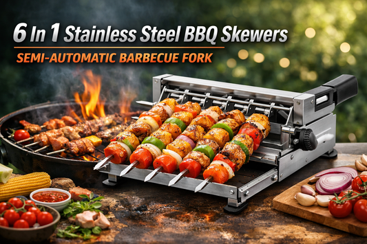 6 In 1 Stainless Steel BBQ Skewers Semi-Automatic Barbecue Fork for Effortless and Perfect Grilling