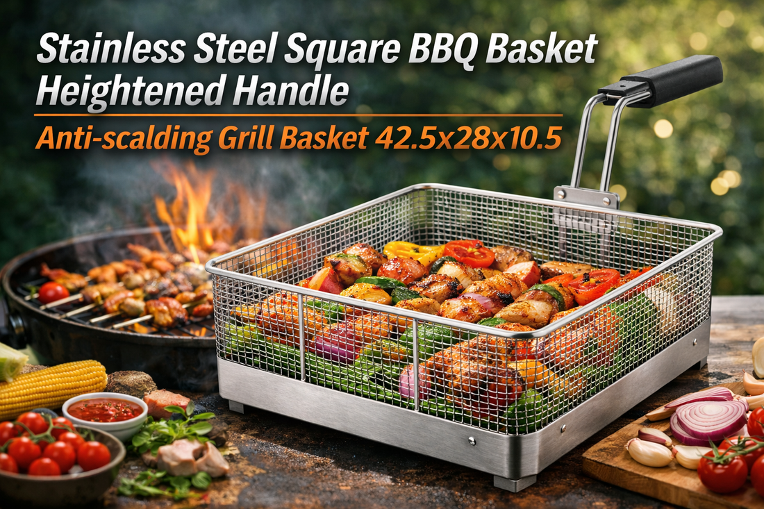 Stainless Steel Square BBQ Basket with Heightened Handle – Anti-Scalding Grill Basket for Perfect Barbecuing