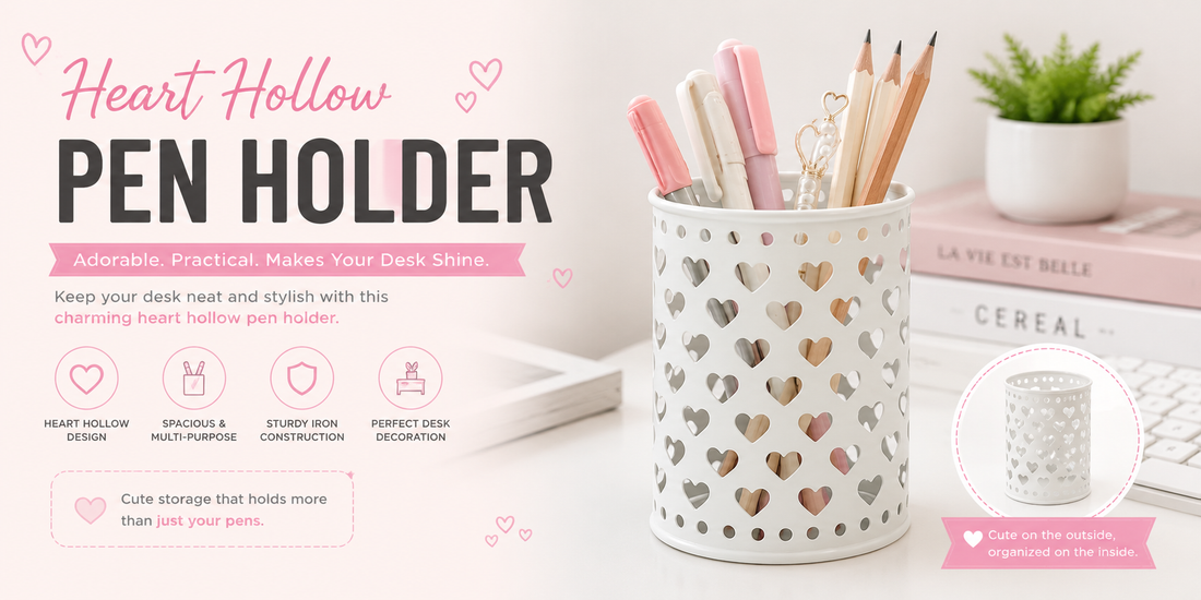 Heart Hollow Round Pen Holder Decoration adorable mini desk storage bucket