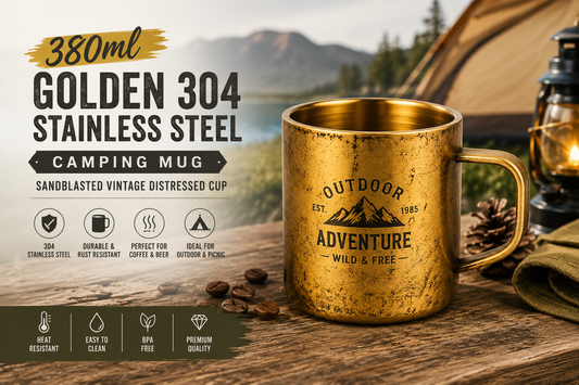 380ml Golden 304 Stainless Steel Camping Mug, sandblasted vintage distressed cup for coffee beer