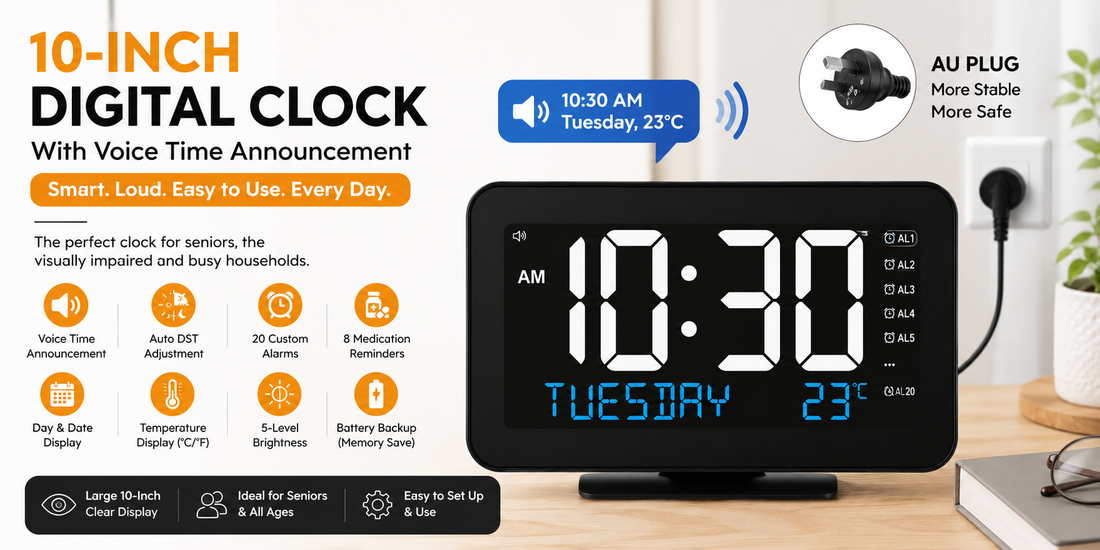 10 Inch Digital Clock With Voice Time Announcement, Auto DST Adjustment