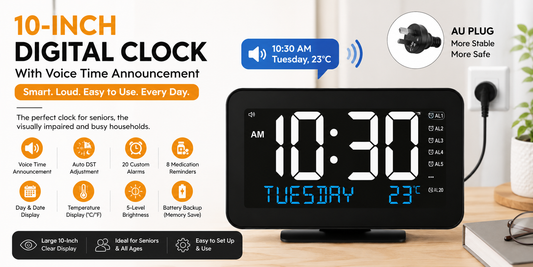10 Inch Digital Clock With Voice Time Announcement, Auto DST Adjustment