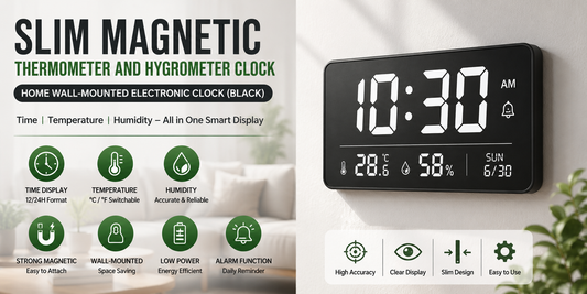 Slim Magnetic Thermometer And Hygrometer Clock Home Wall-Mounted Electronic Clock in Black