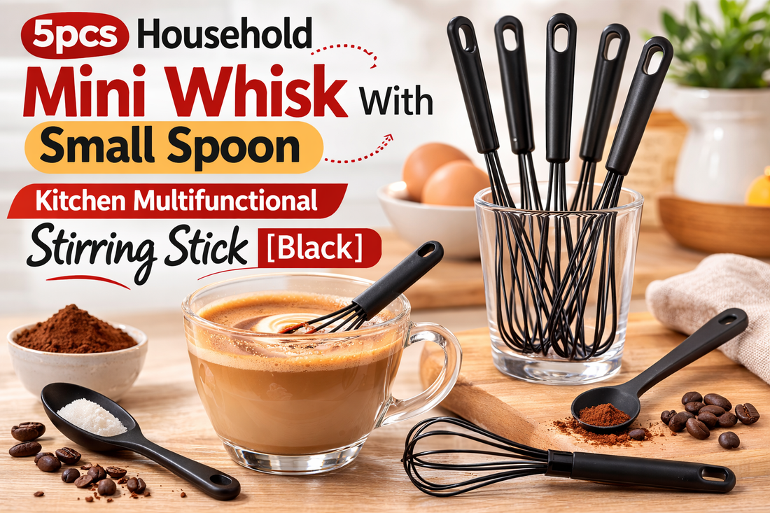 5pcs Mini Whisk With Small Spoon (Black): A Compact Multifunctional Stirring Tool for Your Kitchen