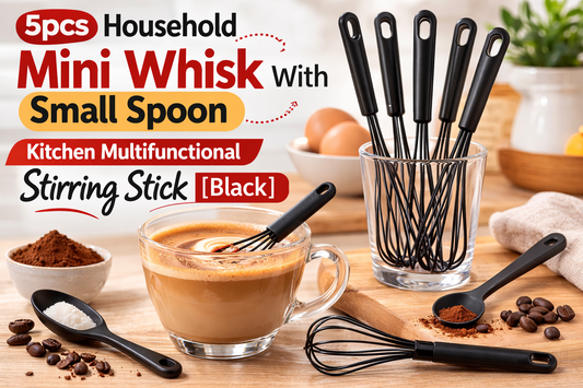 5pcs Mini Whisk With Small Spoon (Black): A Compact Multifunctional Stirring Tool for Your Kitchen