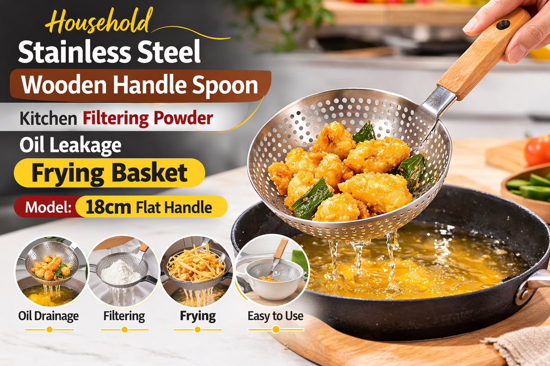 Household Stainless Steel Wooden Handle Frying Basket Spoon: The Perfect Tool for Filtering Oil and Frying Foods
