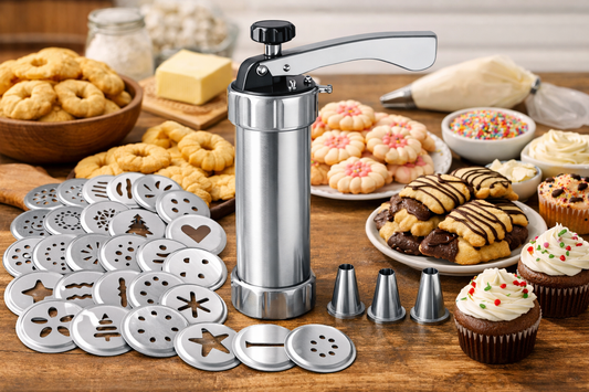 Bake Like a Pro at Home: Multifunctional Cookie Biscuit Machine with 20 Moulds & 4 Nozzles (Silver)