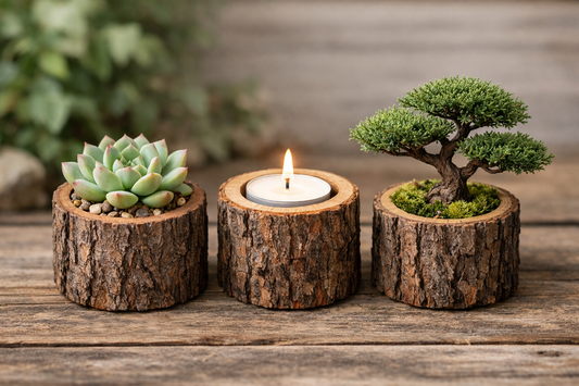 3 PCS Mini Natural Log Round Succulent Plant Pots and Candle Holders
