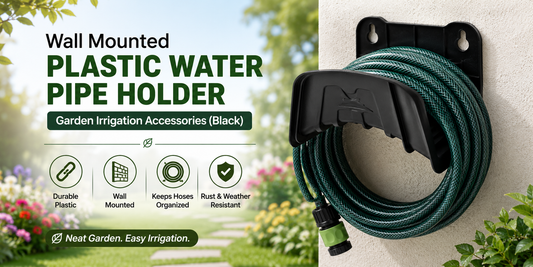 The installation of a black wall-mounted plastic water pipe holder creates an efficient system for your landscape organization