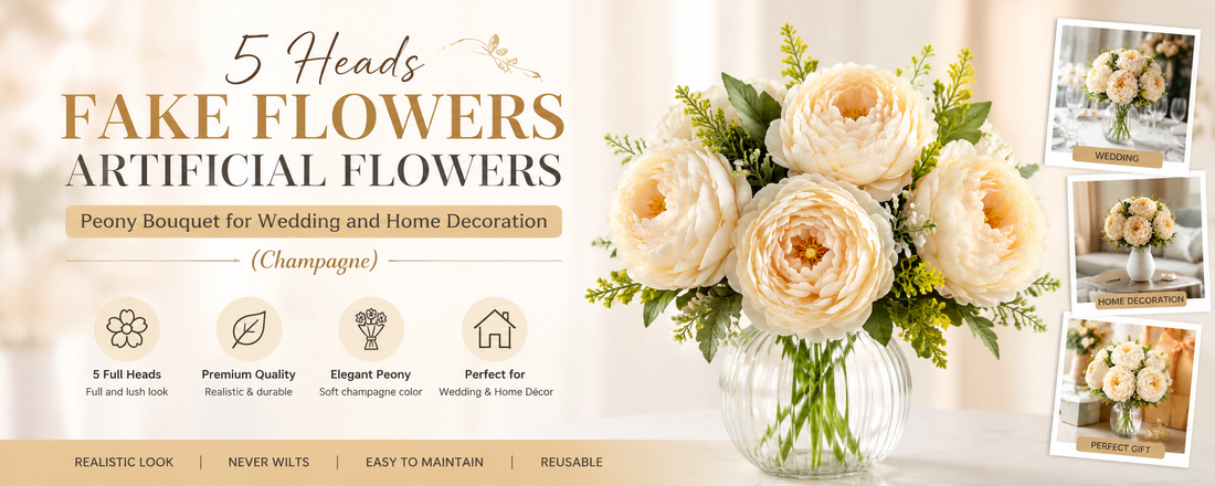 Elevate Your Interior Design With this classy, kinda timeless 5 Heads Fake Flowers Artificial Flowers Peony Bouquet for Wedding and Home Decoration