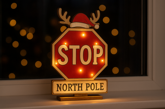 Magical North Pole Glow: Christmas STOP Street Sign Wooden LED Window Decoration