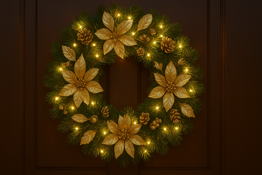 Golden Flower Christmas Wreath – Illuminated Pine Needle Door Decor with Timed Lighting Elegance