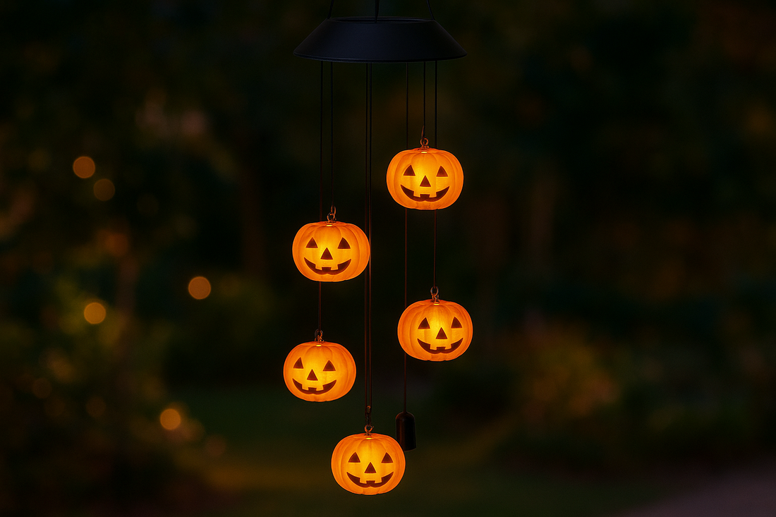 Enchanting Halloween Nights – The 6 LED Solar Wind Chime Pumpkin Lamp (Black Shell) That Brings Light, Music, and Magic to Your Garden