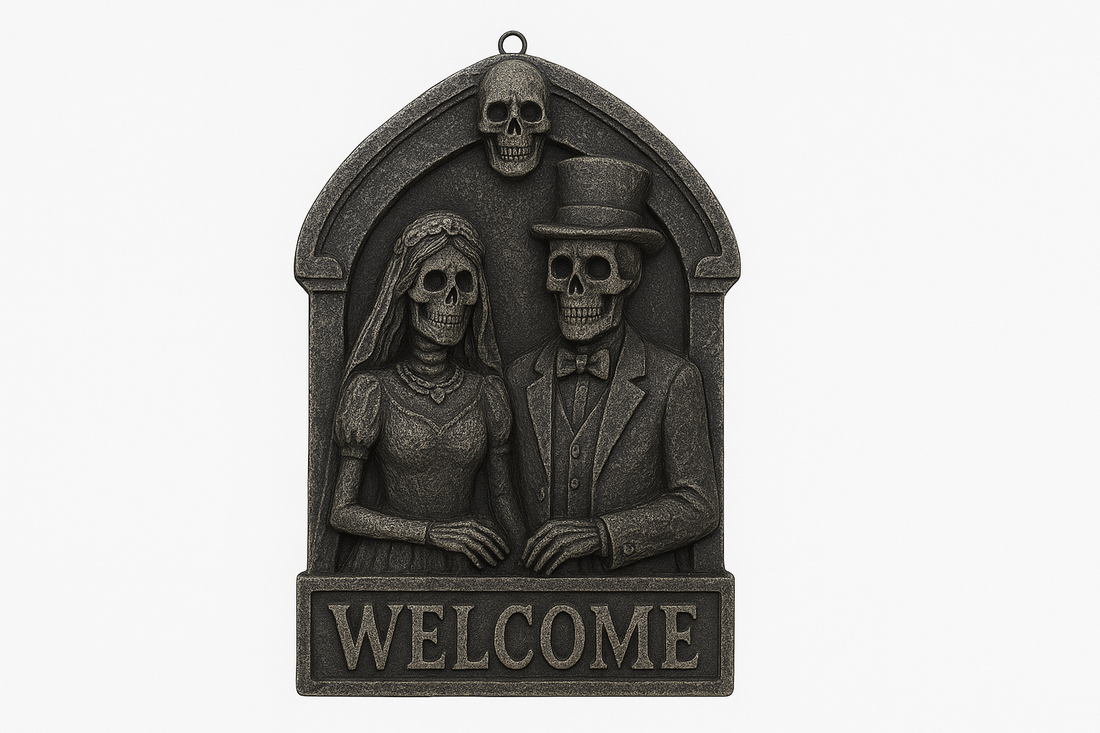G01 Halloween Skull Skeleton Bride and Groom Welcome House Pendant – A Hauntingly Romantic Decoration That Welcomes Guests with Gothic Charm