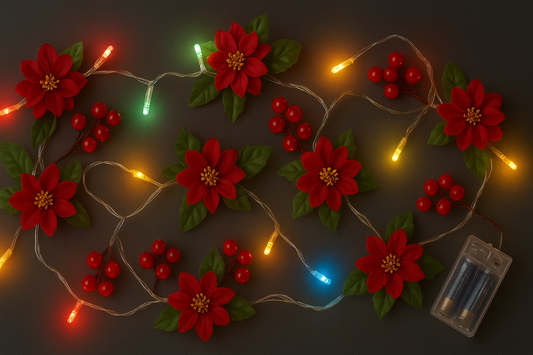 Radiant Blooms of Christmas: The Enchanting Glow of the Safflower + Red Fruit LED Flower Lights Garland (3m 20 Lights Battery Box)