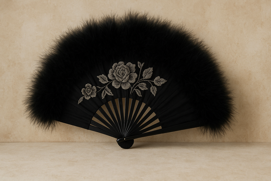 Timeless Grace: The Vintage Style Flapper Hand Fan Embroidered Flower Marabou Feather Fan (Black)