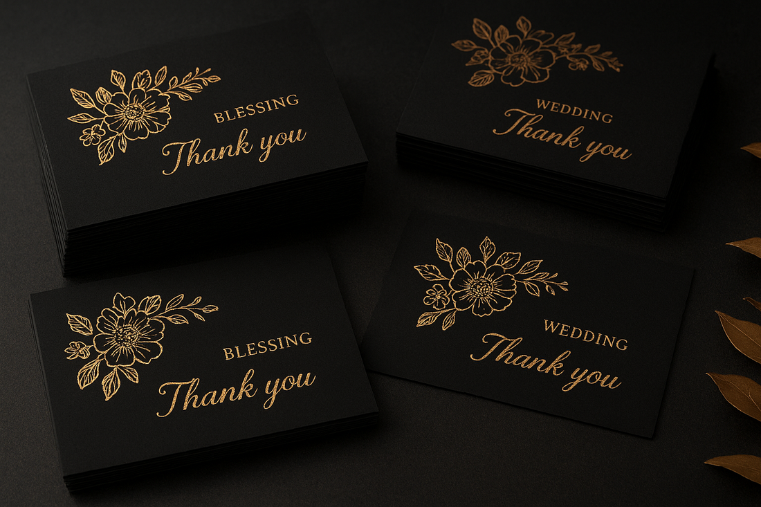 Timeless Gratitude: The Elegance of 100 PCS Wedding Blessing Card Thank You Message Gift Decoration Card Bronzing Flower Greeting Card Blessing (Black)