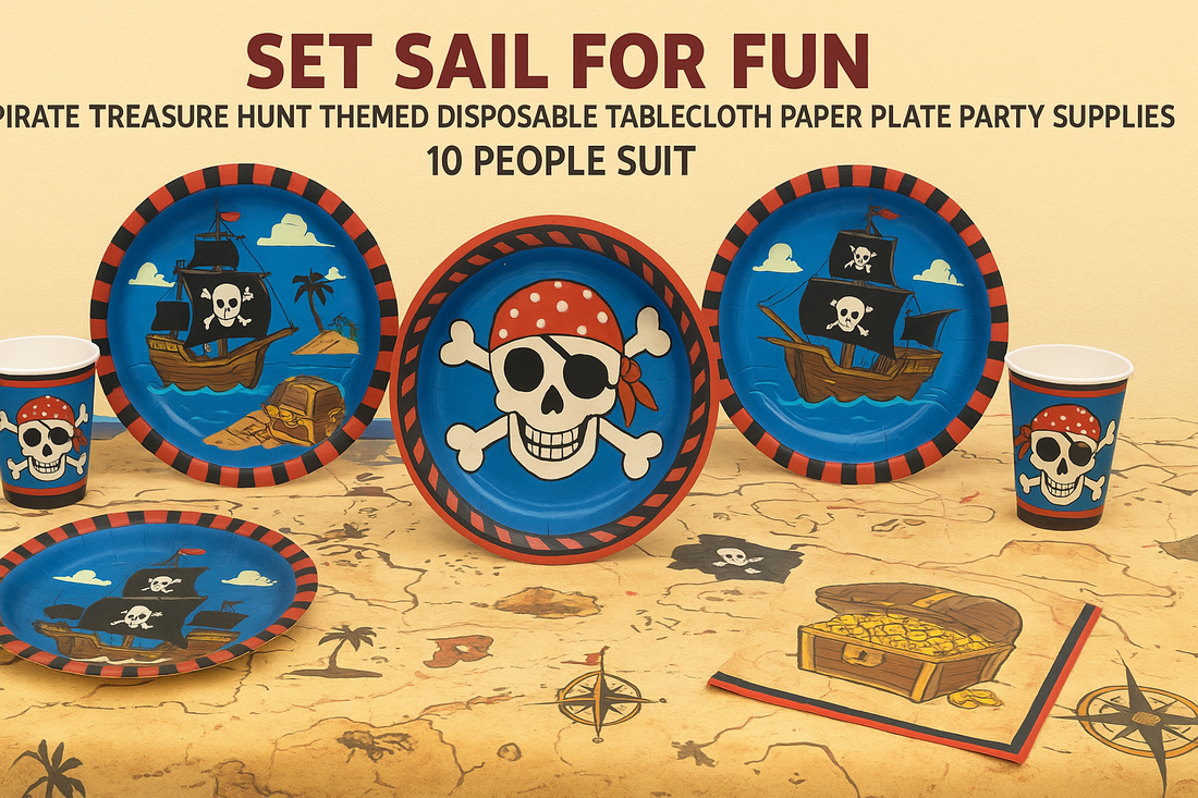 Set Sail for Fun: Pirate Treasure Hunt Themed Disposable Tablecloth Paper Plate Party Supplies Set (10 People Suit)