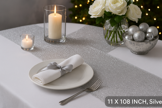 Sparkling Elegance: Glitter Foil Thin Mesh Table Runner for Event Party, Wedding, and Christmas Décor (11 x 108 Inch, Silver)