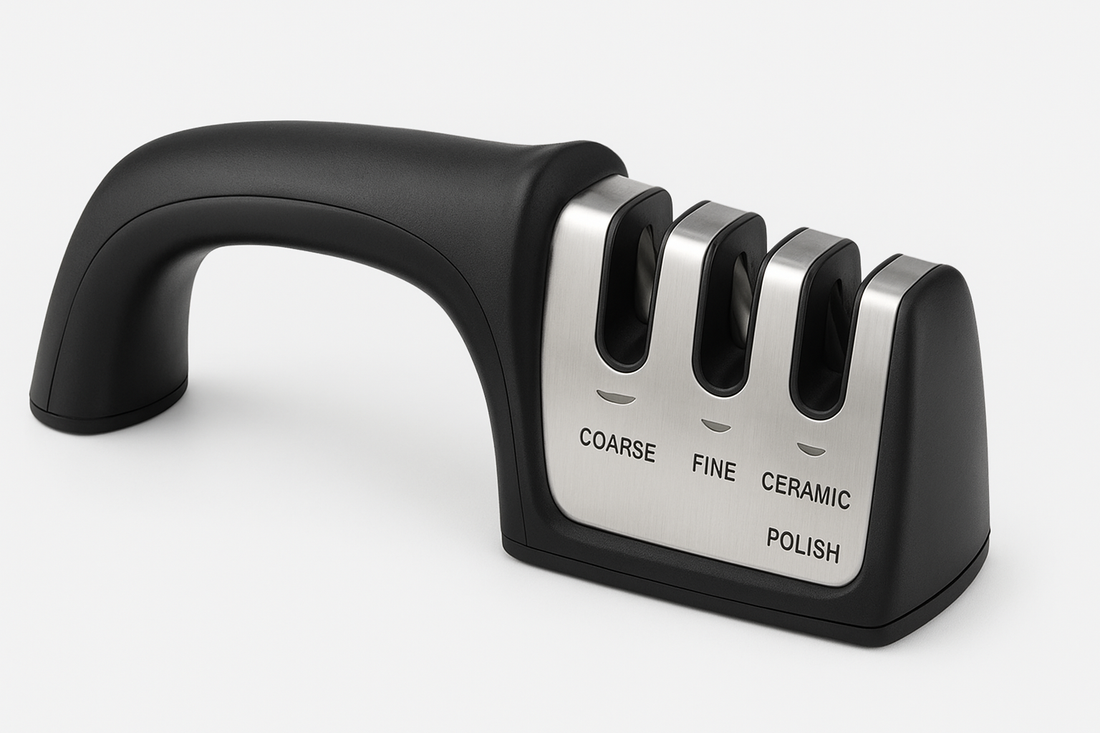 4 in 1 Stainless Steel Knife Sharpener Four Section Hand-held Quick Sharpening Tool with Non-Slip Handle (Black)